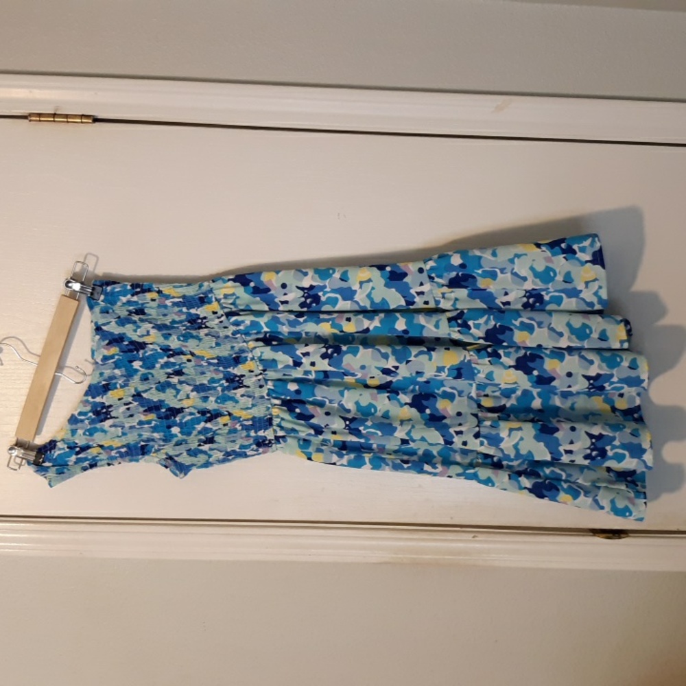 Spring Mini Dress Blue Aqua Abstract Floral Print Smock Bodice One Shoulder sz S